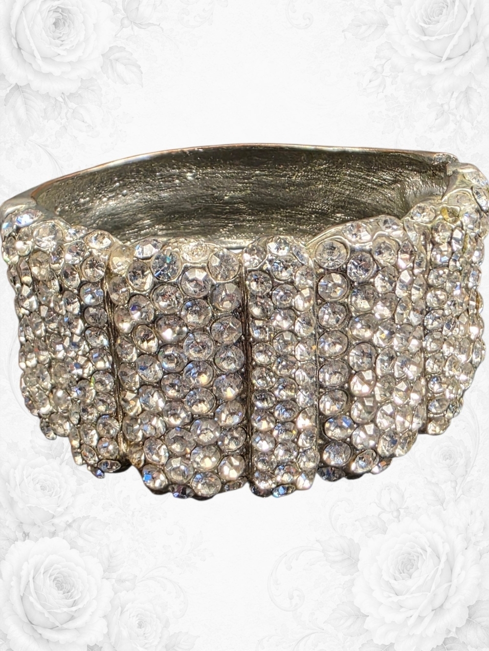 Statement Crystal Rhinestone Wide Cuff Bracelet Silver Tone Hinged Clamper Glam